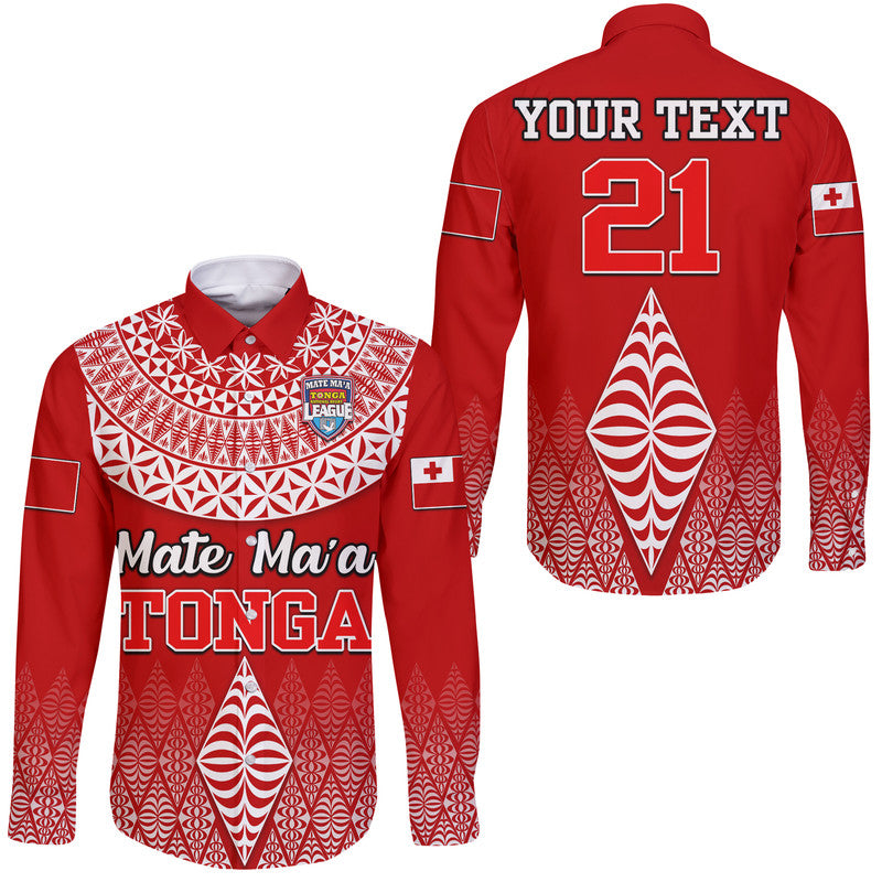 (Custom Personalised) Mate Ma'a Tonga Rugby Hawaii Long Sleeve Button Shirt Tongan Kupesi Ngatu Style LT9 Unisex Red - Polynesian Pride