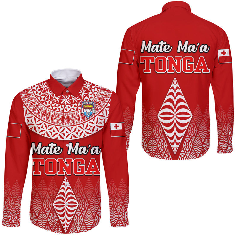 Mate Ma'a Tonga Rugby Hawaii Long Sleeve Button Shirt Tongan Kupesi Ngatu Style LT9 Unisex Red - Polynesian Pride