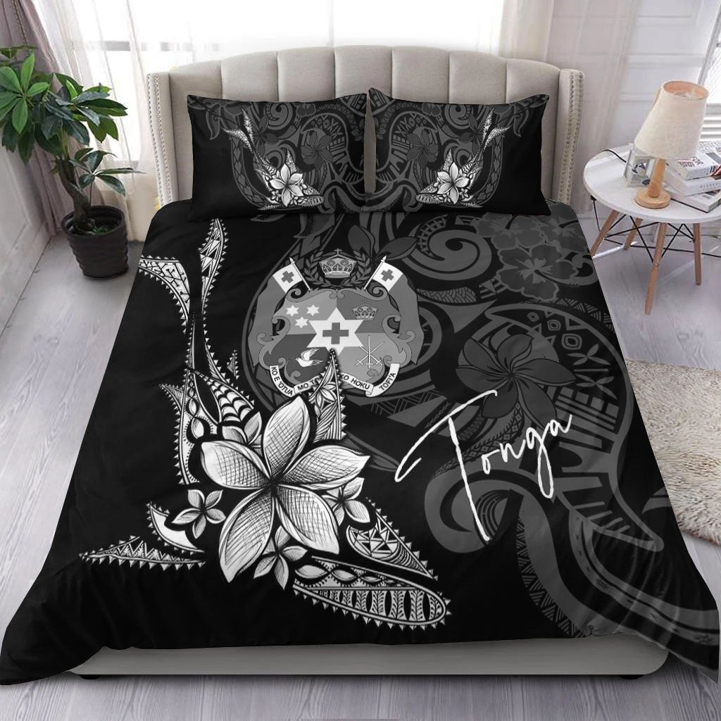 Tonga Bedding Set - Fish With Plumeria Flowers Style Black - Polynesian Pride