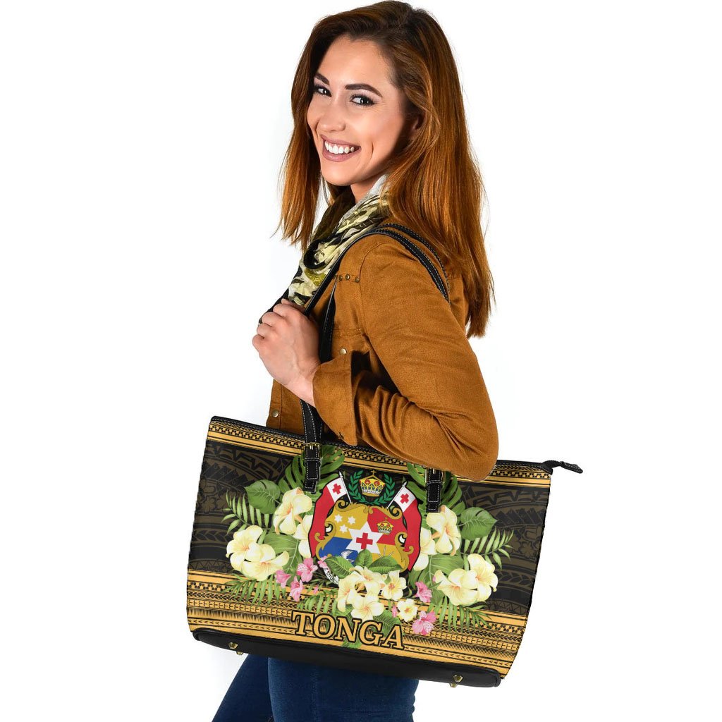 Tonga Leather Tote - Polynesian Gold Patterns Collection Black - Polynesian Pride