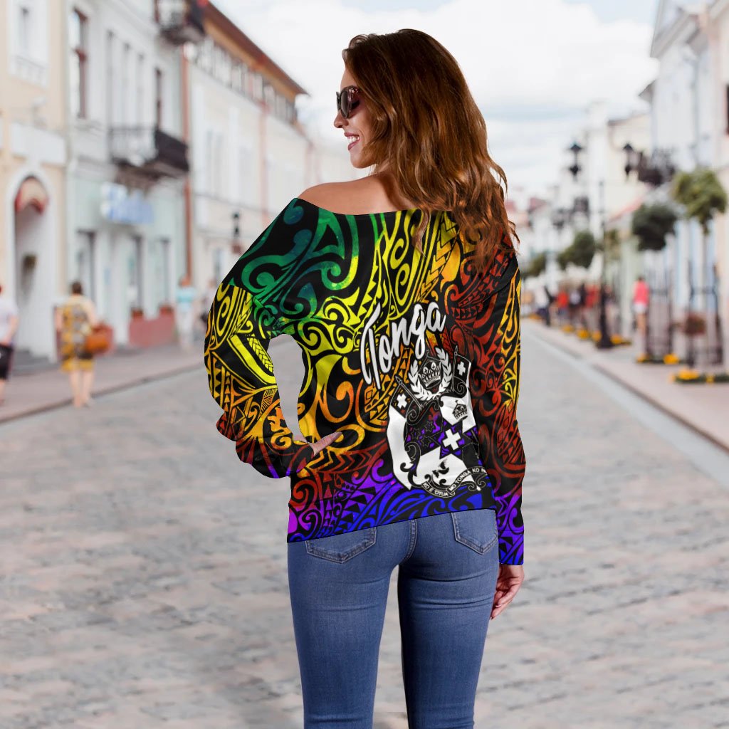 Tonga Custom Personalised Women's Off Shoulder Sweater - Rainbow Polynesian Pattern - Polynesian Pride