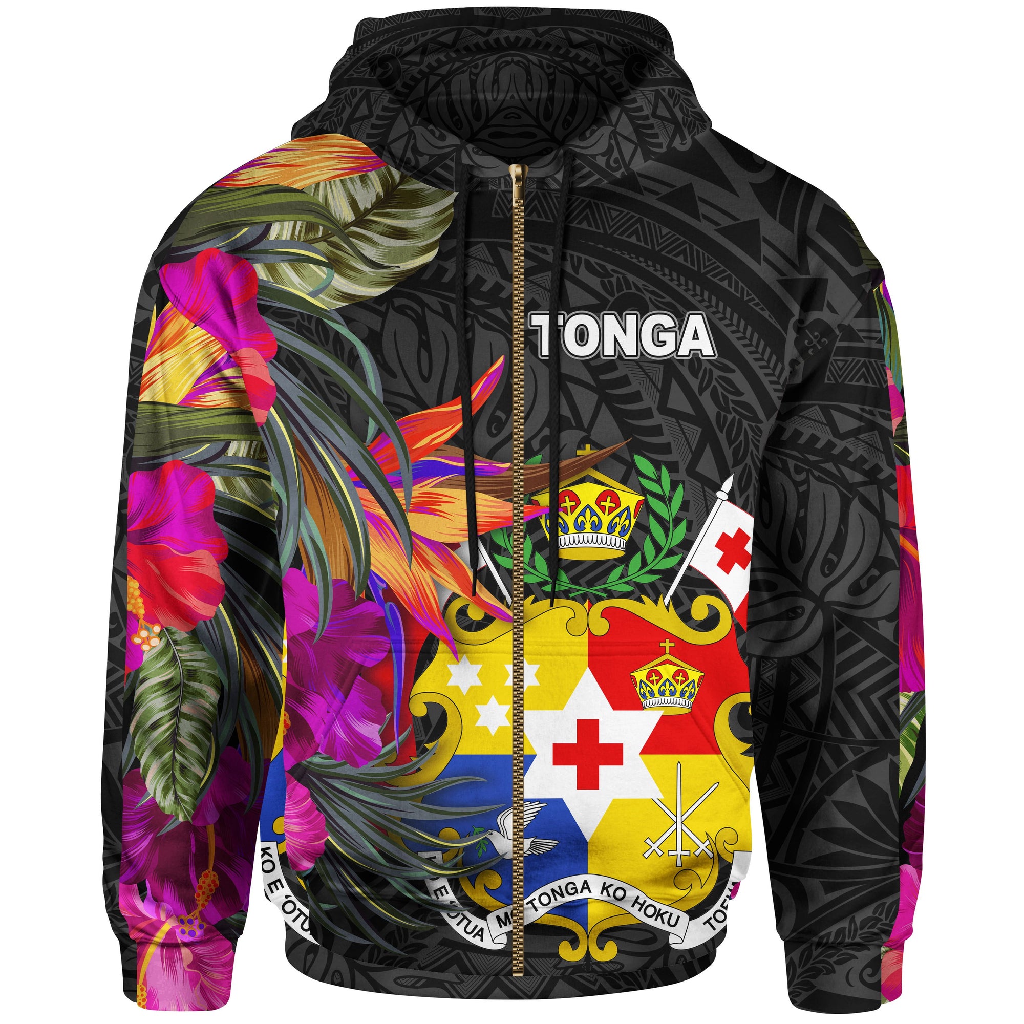 Tonga Zip up Hoodie Hibiscus Polynesian Pattern Unisex Black - Polynesian Pride