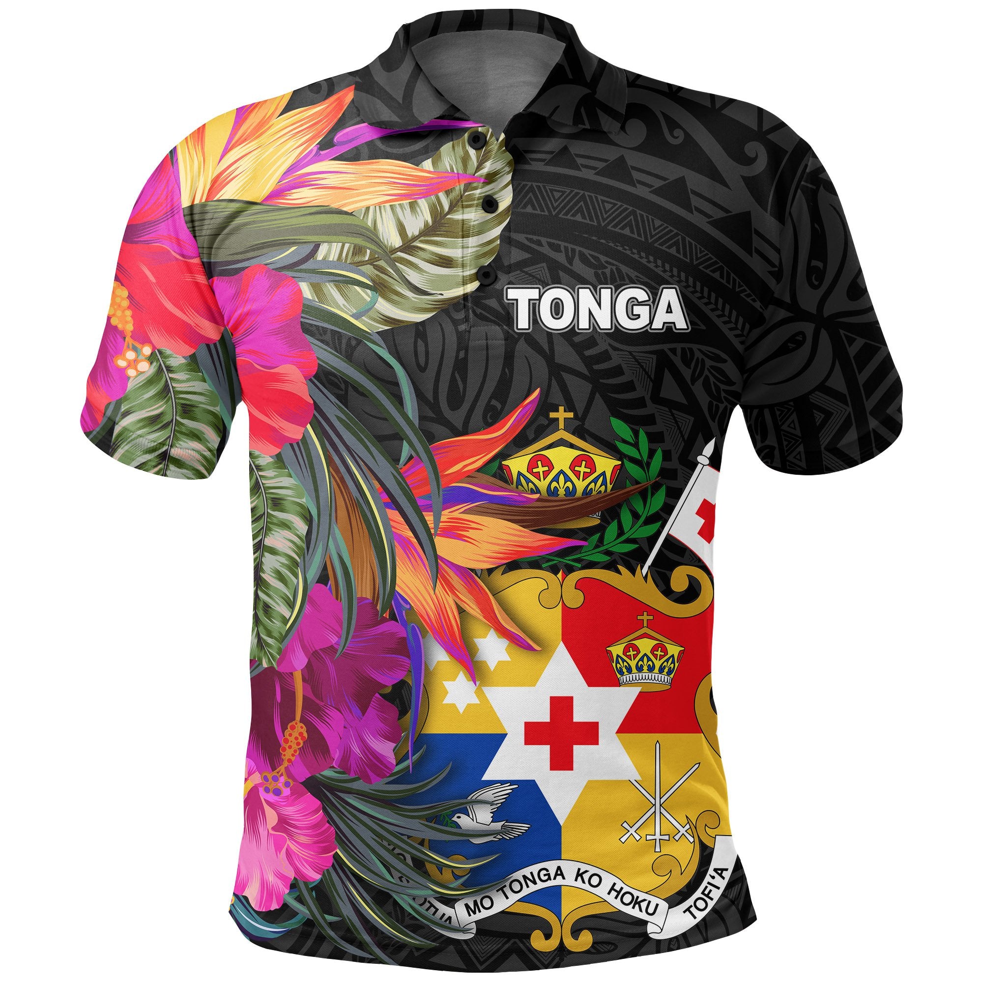 Tonga Polo Shirt Hibiscus Polynesian Pattern Unisex Black - Polynesian Pride