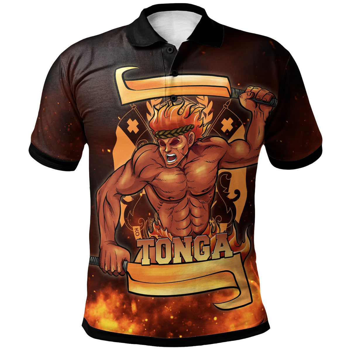 Tonga Polo Shirt The Fire Knife Dance Unisex Black - Polynesian Pride