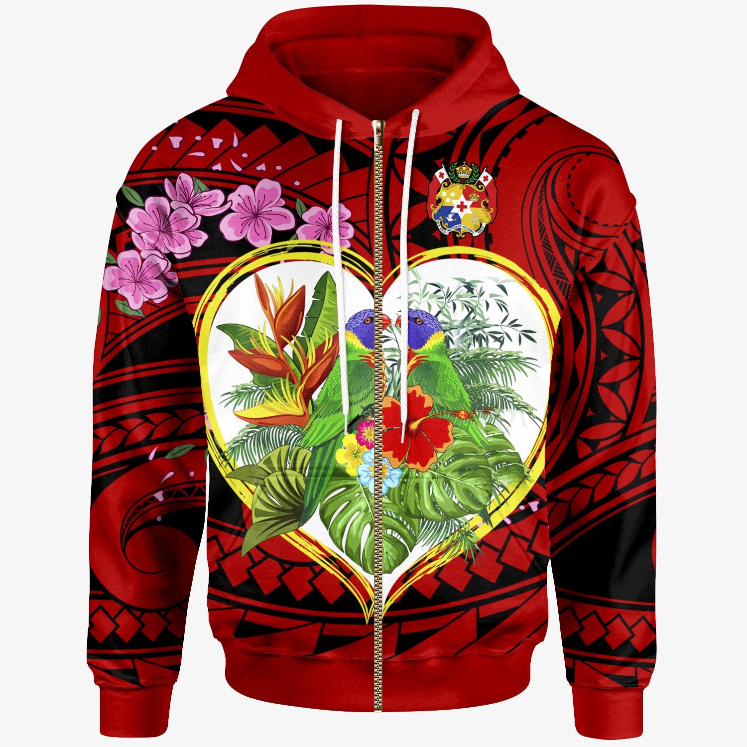 Tonga Zip up Hoodie The Love of Blue Crowned Lory Unisex Red - Polynesian Pride