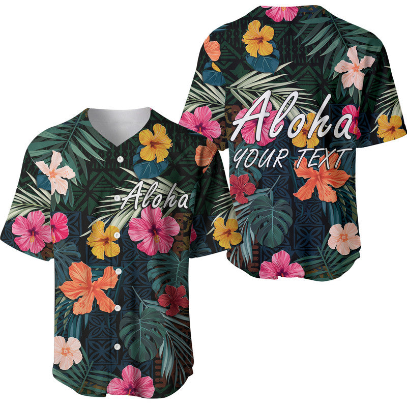 (Custom Personalised) Hawaii Baseball Jersey Tribal Elements And Hibiscus Version LT9 Green - Polynesian Pride