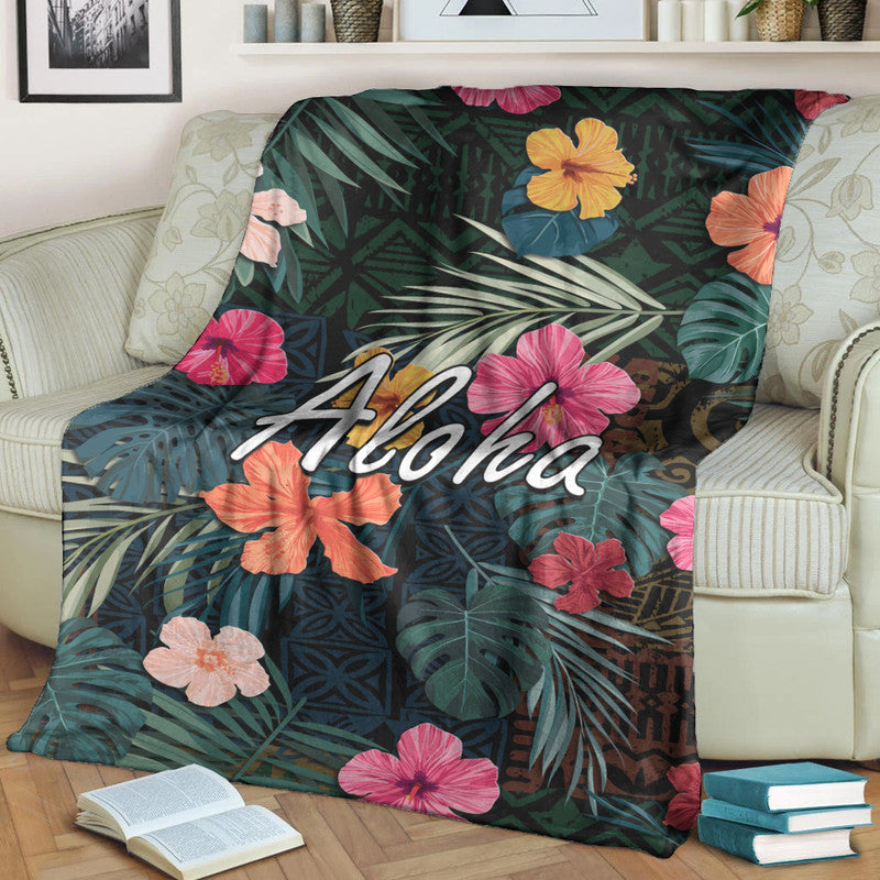 Hawaii Premium Blanket Tribal Elements And Hibiscus Version LT9 White - Polynesian Pride