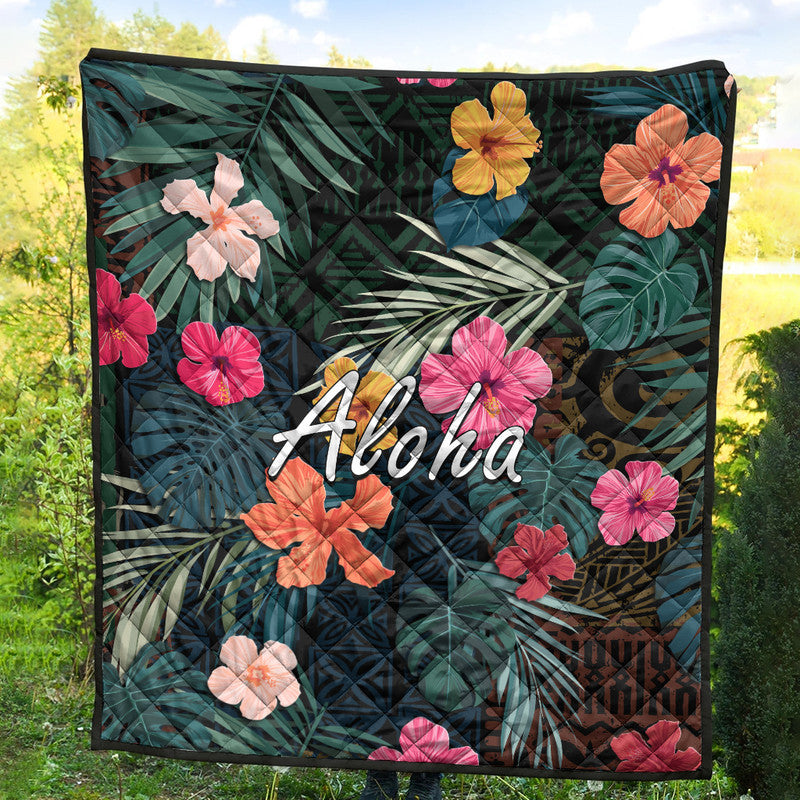 Hawaii Premium Quilt Tribal Elements And Hibiscus Version LT9 Green - Polynesian Pride