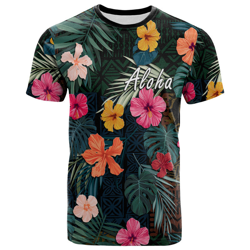 Hawaii T Shirt Tribal Elements and Hibiscus Version LT9 Green - Polynesian Pride