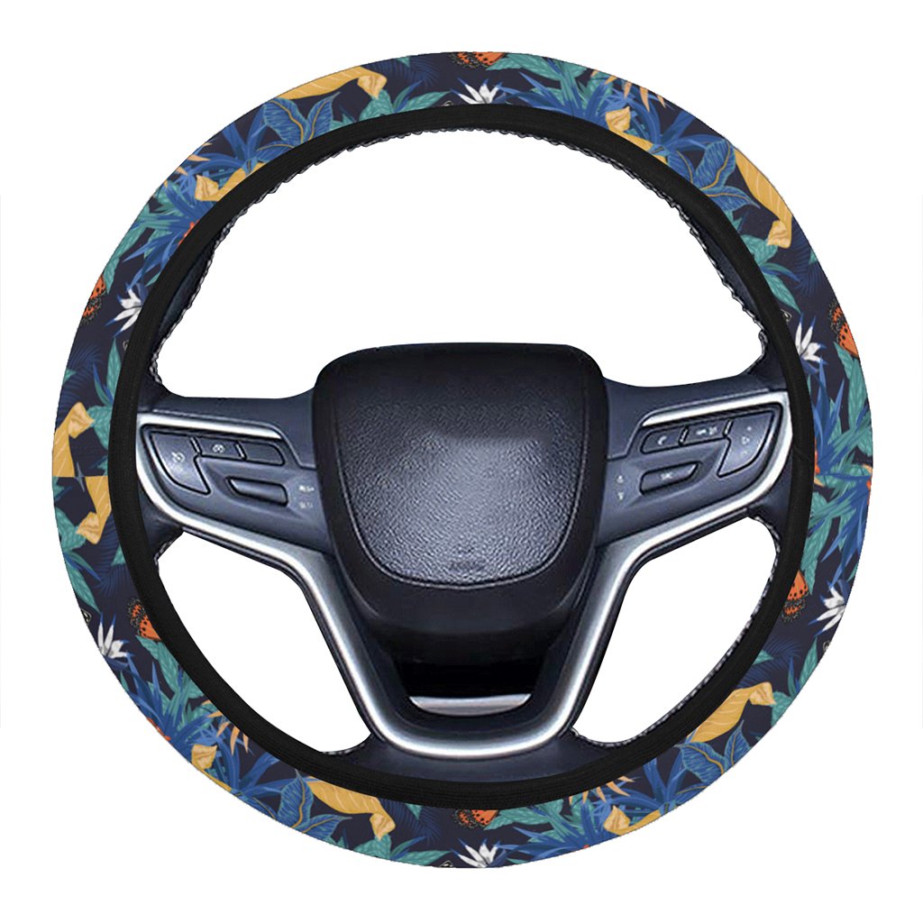 Tropical Buttterfly And Flower Hawaii Universal Steering Wheel Cover with Elastic Edge One Size Blue Steering Wheel Cover - Polynesian Pride