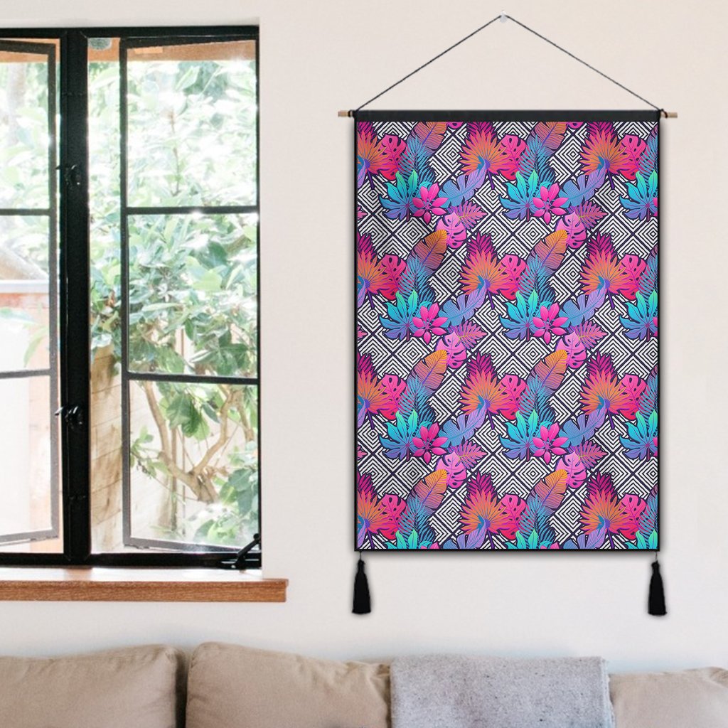 Tropical Exotic Leaves And Flowers On Geometrical Ornament. Hanging Poster - AH Hanging Poster 50 x 75 cm Cotton And Linen - Polynesian Pride