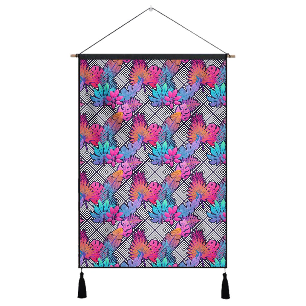 Tropical Exotic Leaves And Flowers On Geometrical Ornament. Hanging Poster - AH Hanging Poster 43 x 65 cm Cotton And Linen - Polynesian Pride