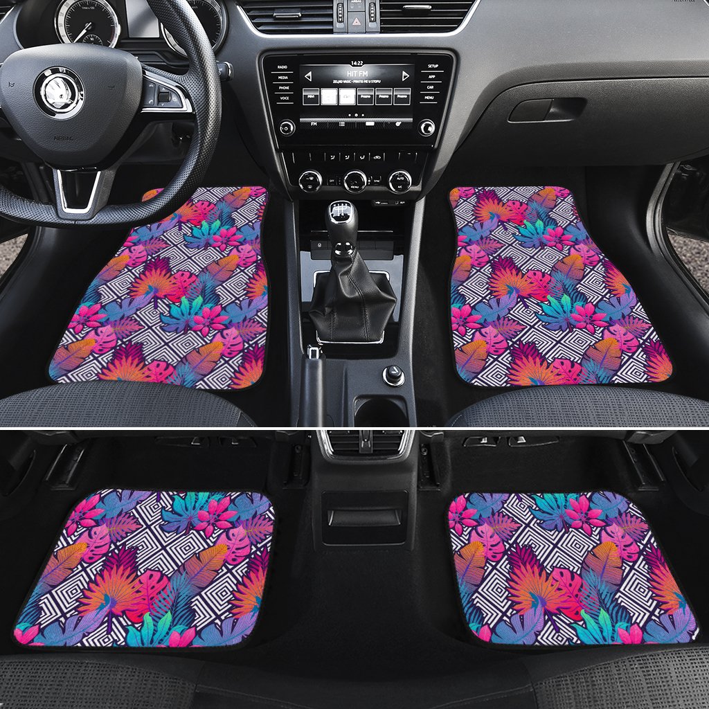 Tropical Exotic Leaves And Flowers On Geometrical Ornament. Hawaii Car Floor Mats Turquoise One Size - Polynesian Pride