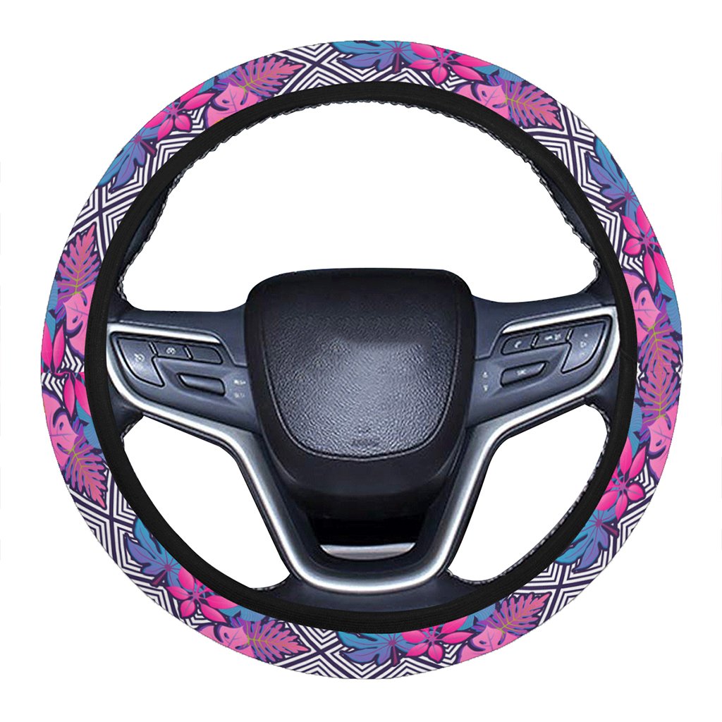 Tropical Exotic Leaves And Flowers On Geometrical Ornament. Hawaii Universal Steering Wheel Cover with Elastic Edge One Size Blue Steering Wheel Cover - Polynesian Pride