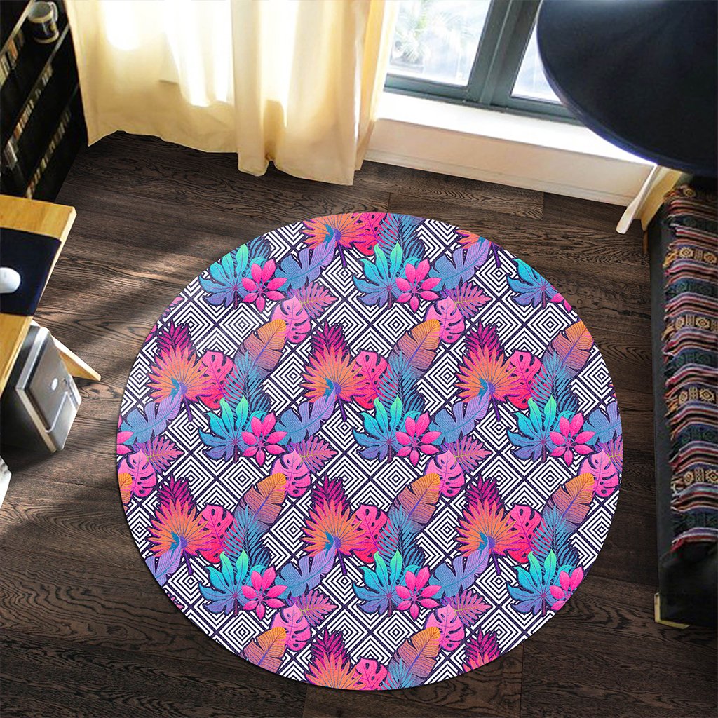 Tropical Exotic Leaves And Flowers On Geometrical Ornament. Round Carpet - AH - Polynesian Pride