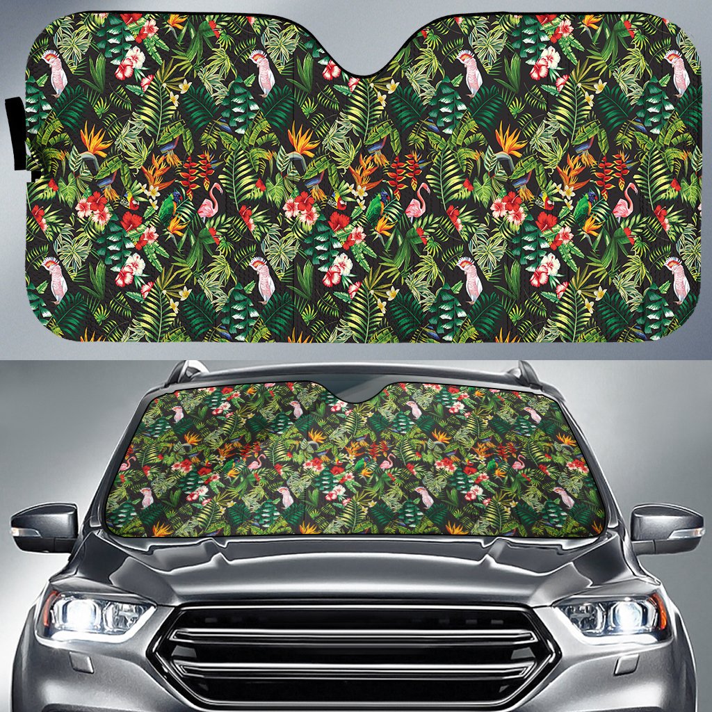 Tropical Flamingo Hibiscus Hawaii Car Sun Shade Auto Sun Shade Universal Fit White - Polynesian Pride