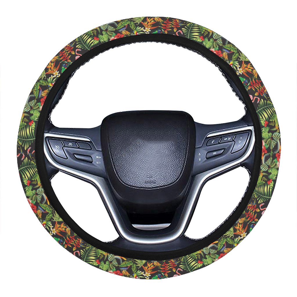 Tropical Flamingo Hibiscus Hawaii Universal Steering Wheel Cover with Elastic Edge One Size Blue Steering Wheel Cover - Polynesian Pride