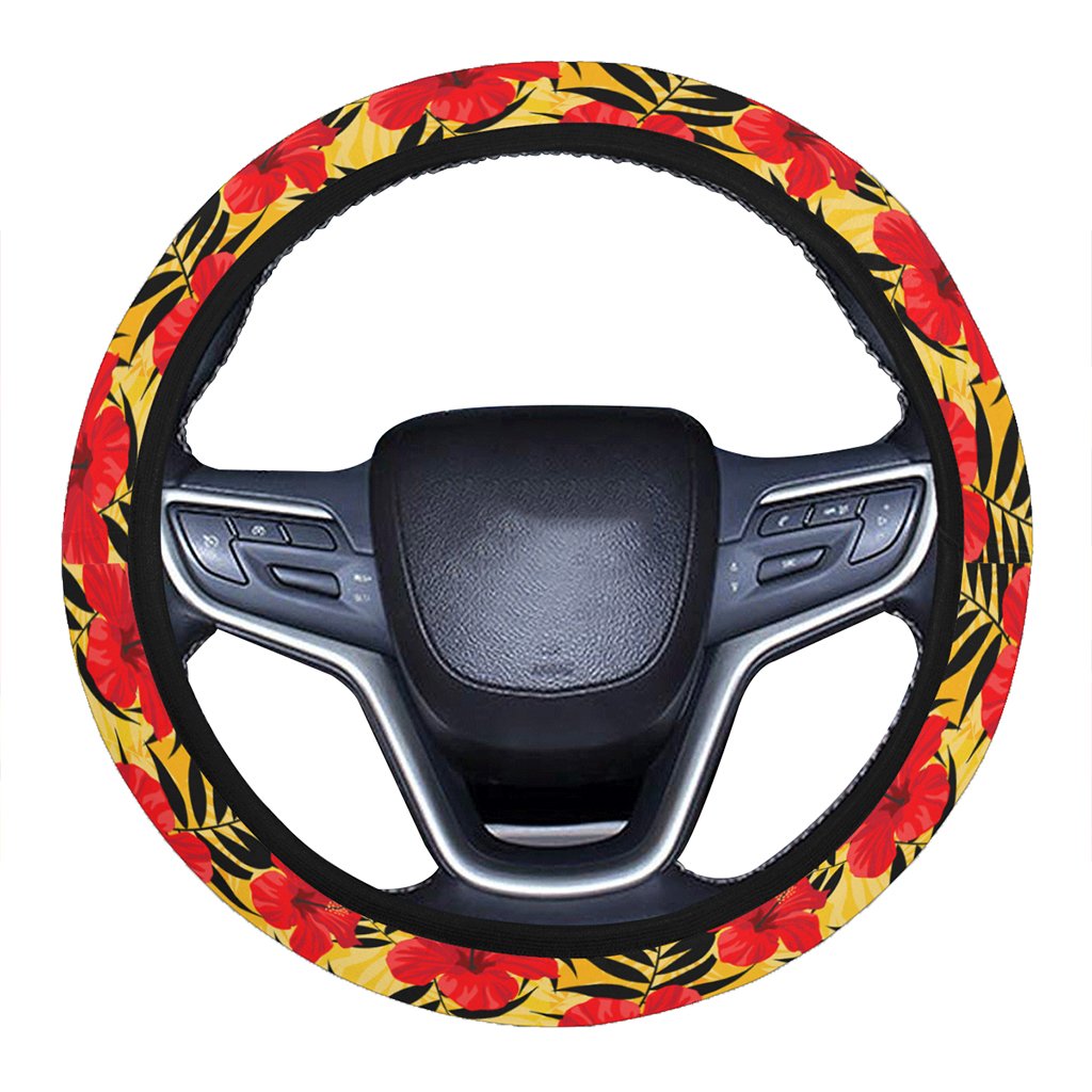 Tropical Flowers And Palm Leaves Hawaii Universal Steering Wheel Cover with Elastic Edge One Size Blue Steering Wheel Cover - Polynesian Pride