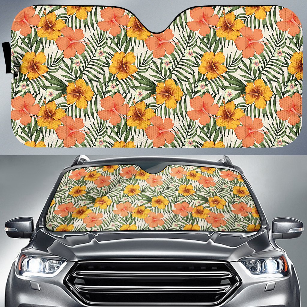 Tropical Flowers Hibiscus Pink Yellow Hawaii Car Sun Shade Auto Sun Shade Universal Fit Yellow - Polynesian Pride