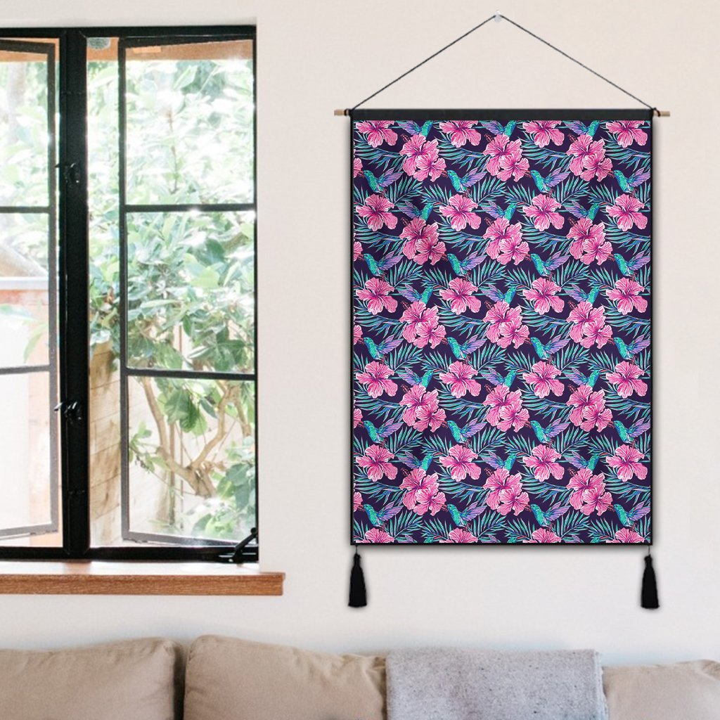 Tropical Flowers With Hummingbirds Palm Leaves Hanging Poster - AH Hanging Poster 50 x 75 cm Cotton And Linen - Polynesian Pride