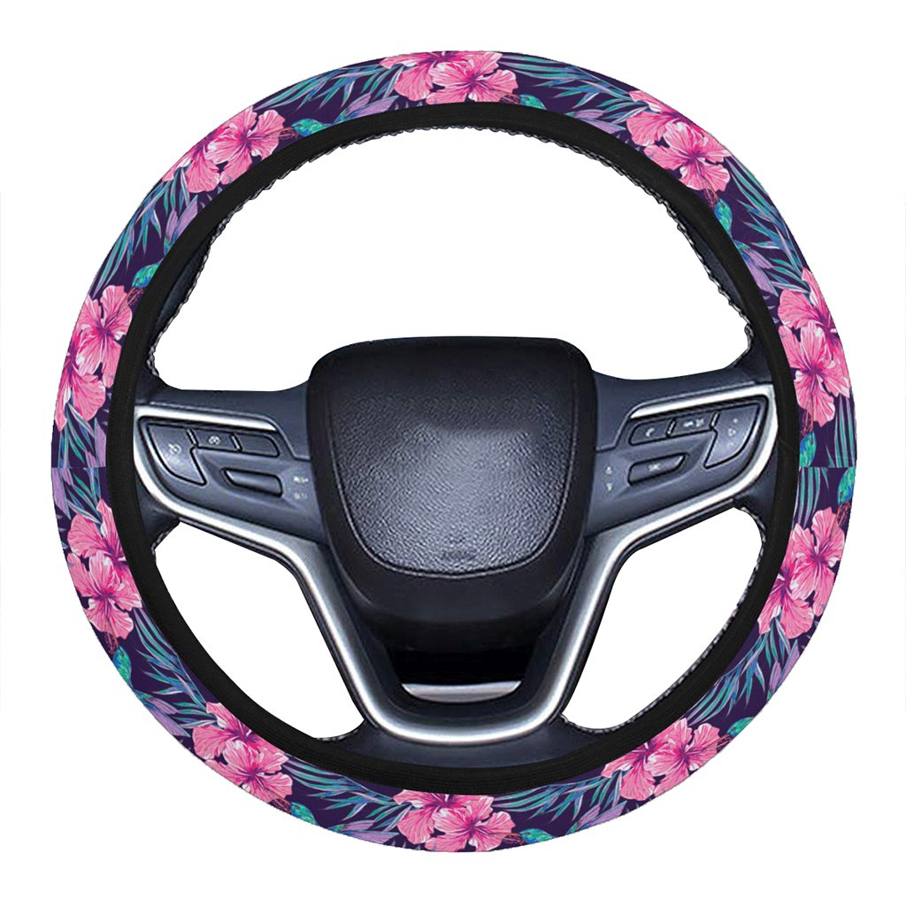 Tropical Flowers With Hummingbirds Palm Leaves Hawaii Universal Steering Wheel Cover with Elastic Edge One Size Blue Steering Wheel Cover - Polynesian Pride