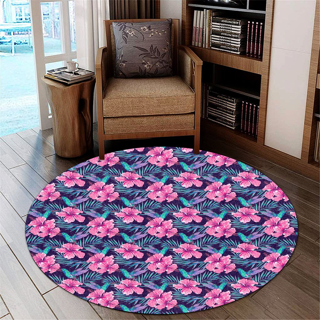 Tropical Flowers With Hummingbirds Palm Leaves Round Carpet - AH Round Carpet Luxurious Plush - Polynesian Pride