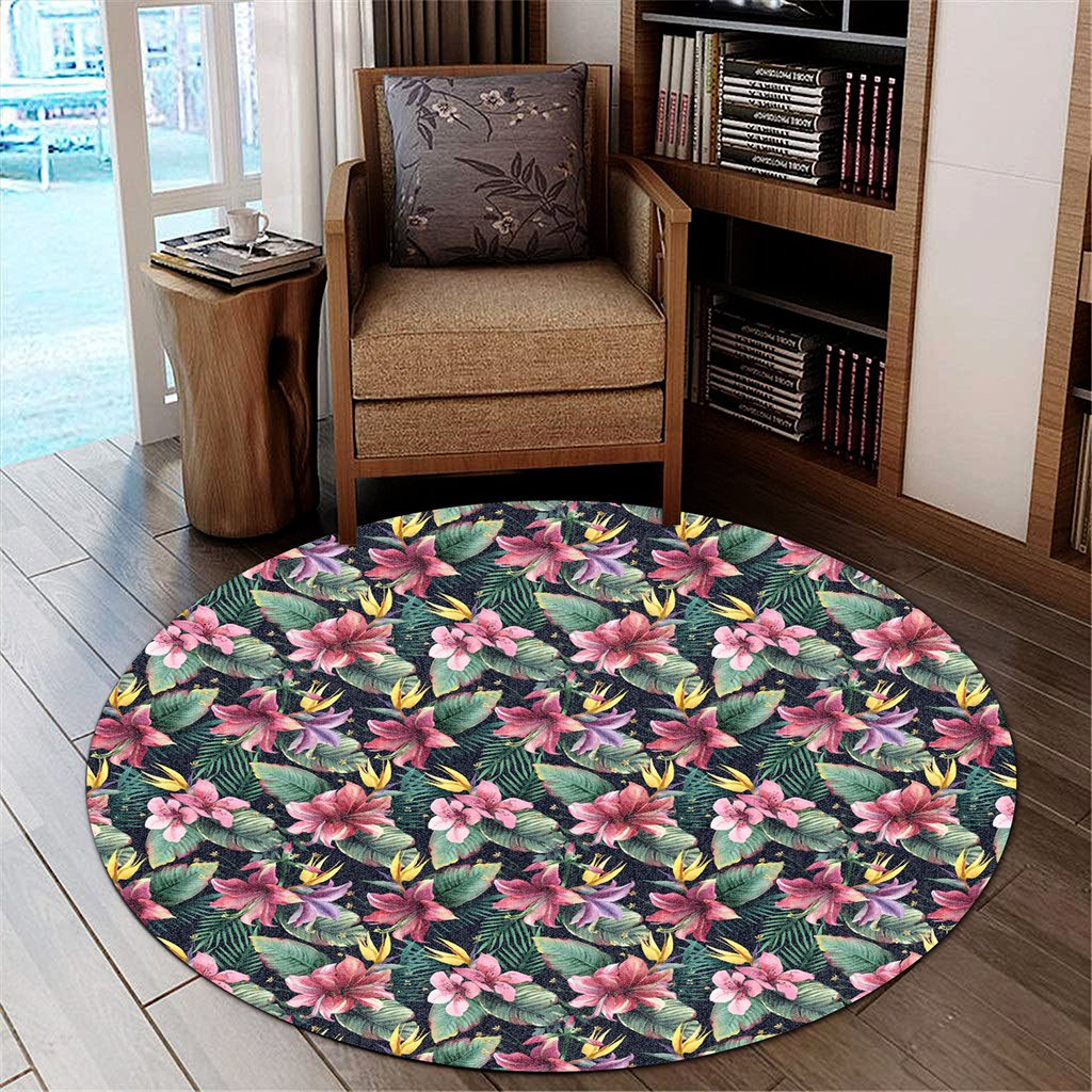 Tropical Flowers, Palm And Leaves Round Carpet - AH Round Carpet Luxurious Plush - Polynesian Pride