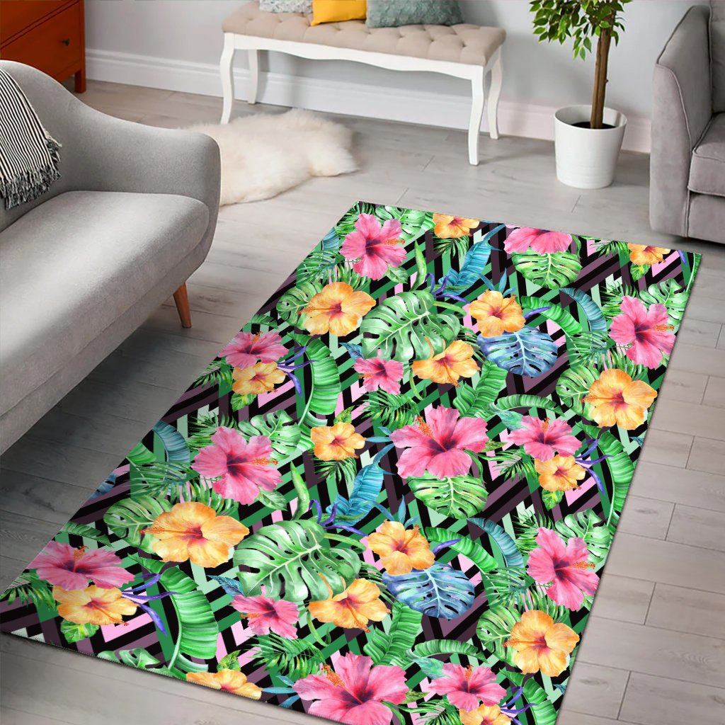 Tropical Hibiscus Banana Leafs Area Rug - AH - Polynesian Pride