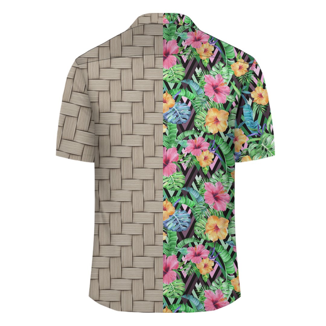 Tropical Hibiscus Banana Leafs Lauhala Moiety Hawaiian Shirt - Polynesian Pride