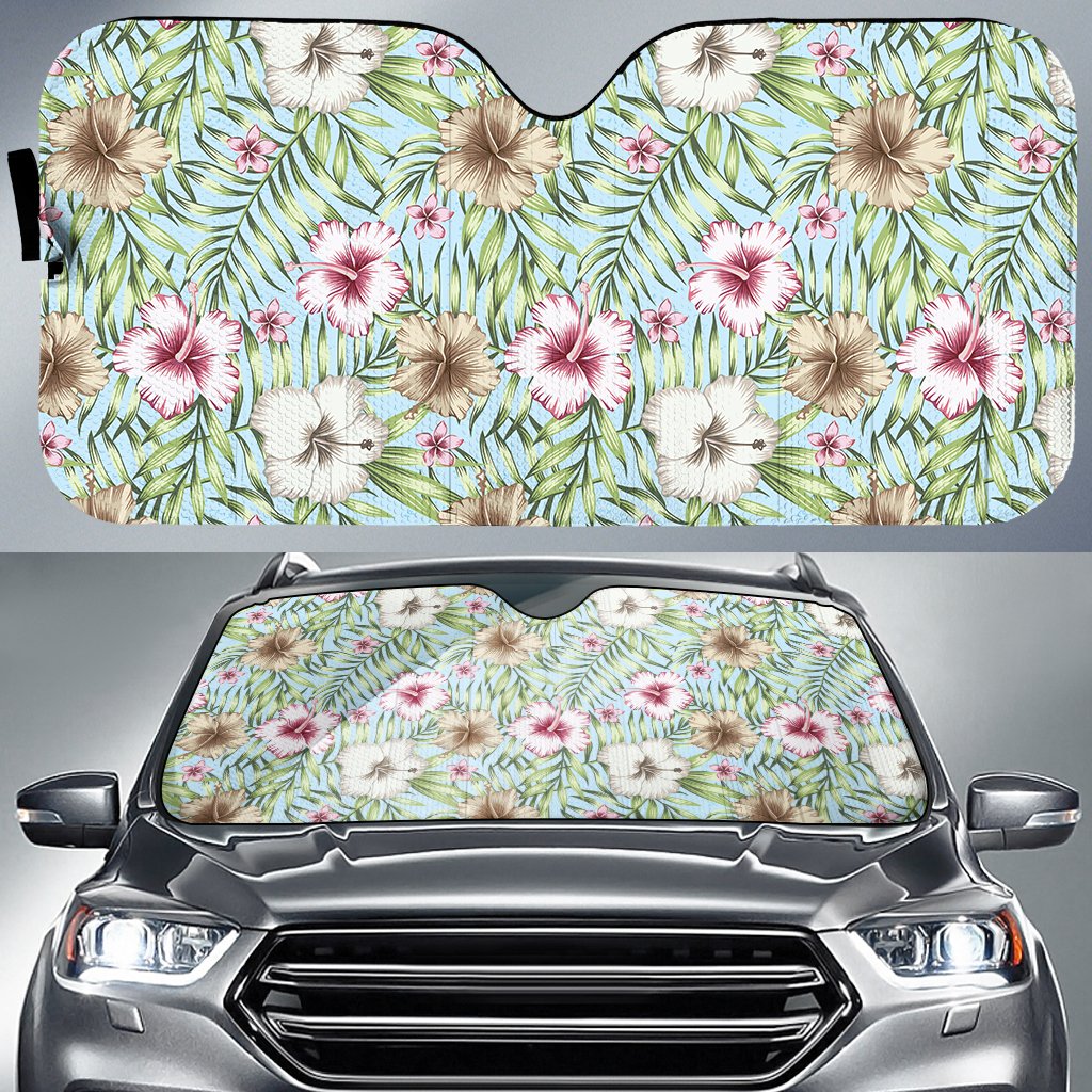 Tropical Hibiscus Palm Leaves Hawaii Car Sun Shade Auto Sun Shade Universal Fit White - Polynesian Pride