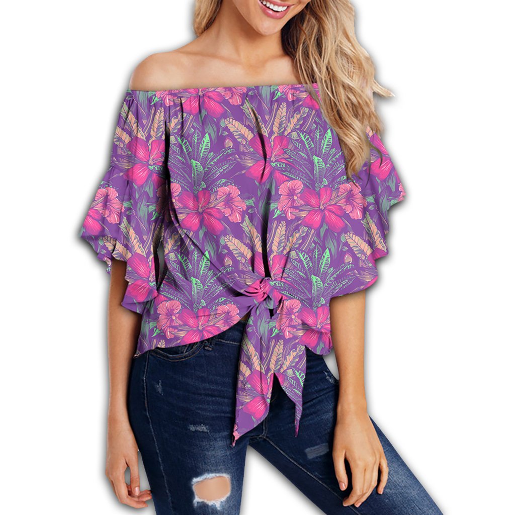 Tropical Hibiscus Purple Women's Off Shoulder Wrap Waist Top - AH - Polynesian Pride