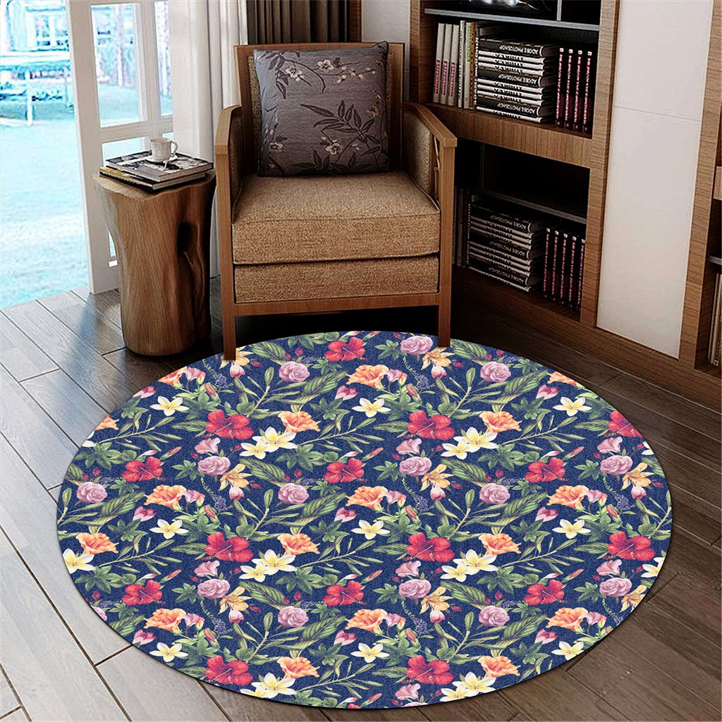 Tropical Hibiscus Red And Plumeria White Round Carpet - AH Round Carpet Luxurious Plush - Polynesian Pride