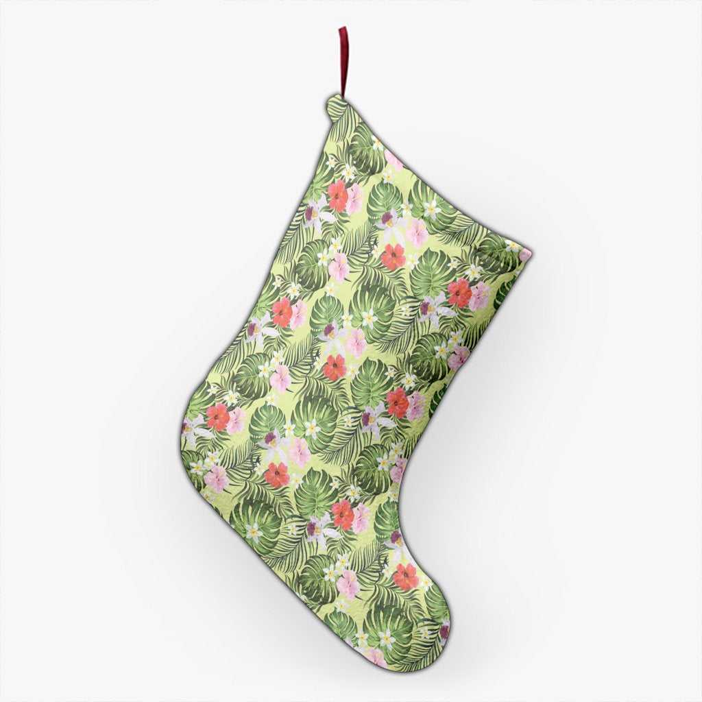 Tropical Hibiscus, Plumeria Green Christmas Stocking 26 X 42 cm Black Christmas Stocking - Polynesian Pride