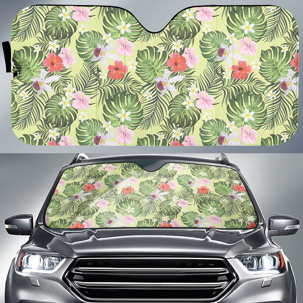 Tropical Hibiscus, Plumeria Green Hawaii Car Sun Shade Auto Sun Shade Universal Fit Green - Polynesian Pride