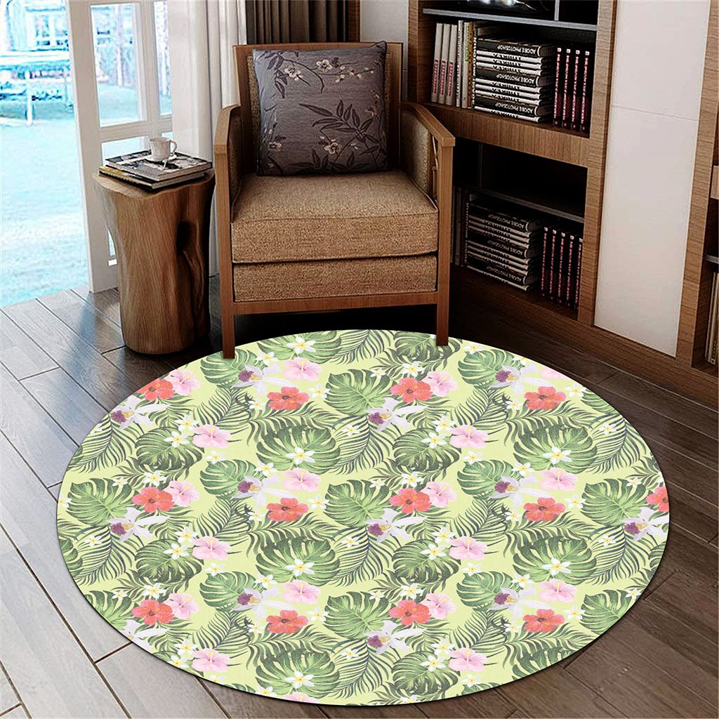 Tropical Hibiscus, Plumeria Green Round Carpet - AH Round Carpet Luxurious Plush - Polynesian Pride