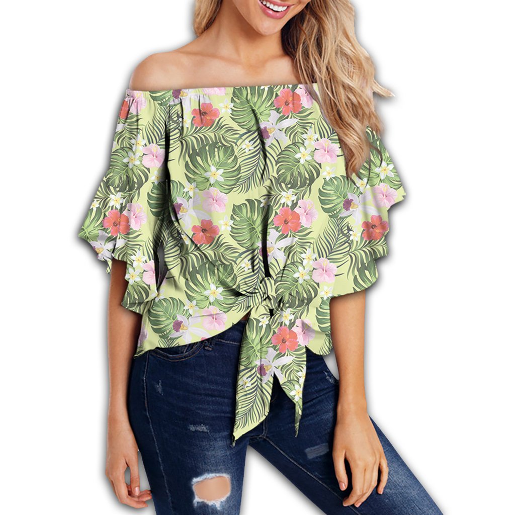 Tropical Hibiscus, Plumeria Green Women's Off Shoulder Wrap Waist Top - AH - Polynesian Pride