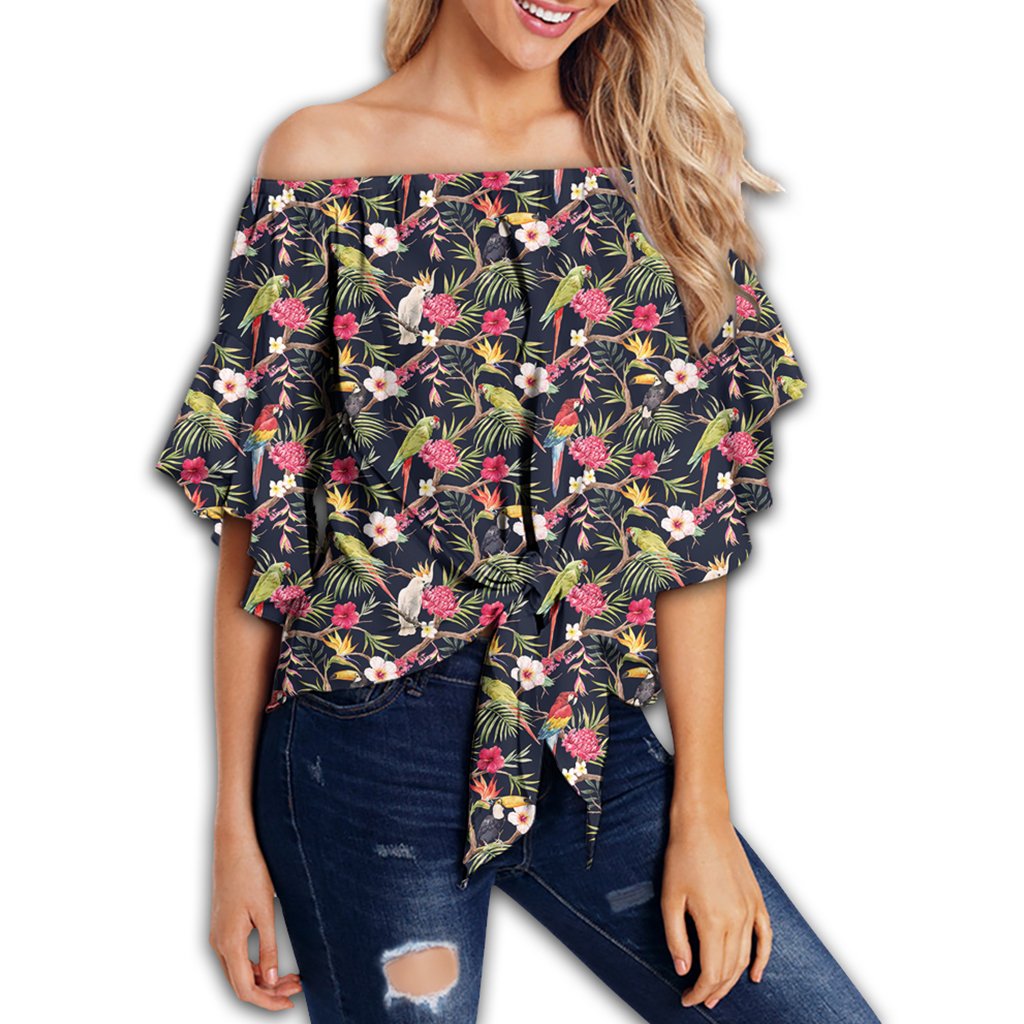 Tropical Hibiscus, Strelitzia Palm Leaves Women's Off Shoulder Wrap Waist Top - AH - Polynesian Pride