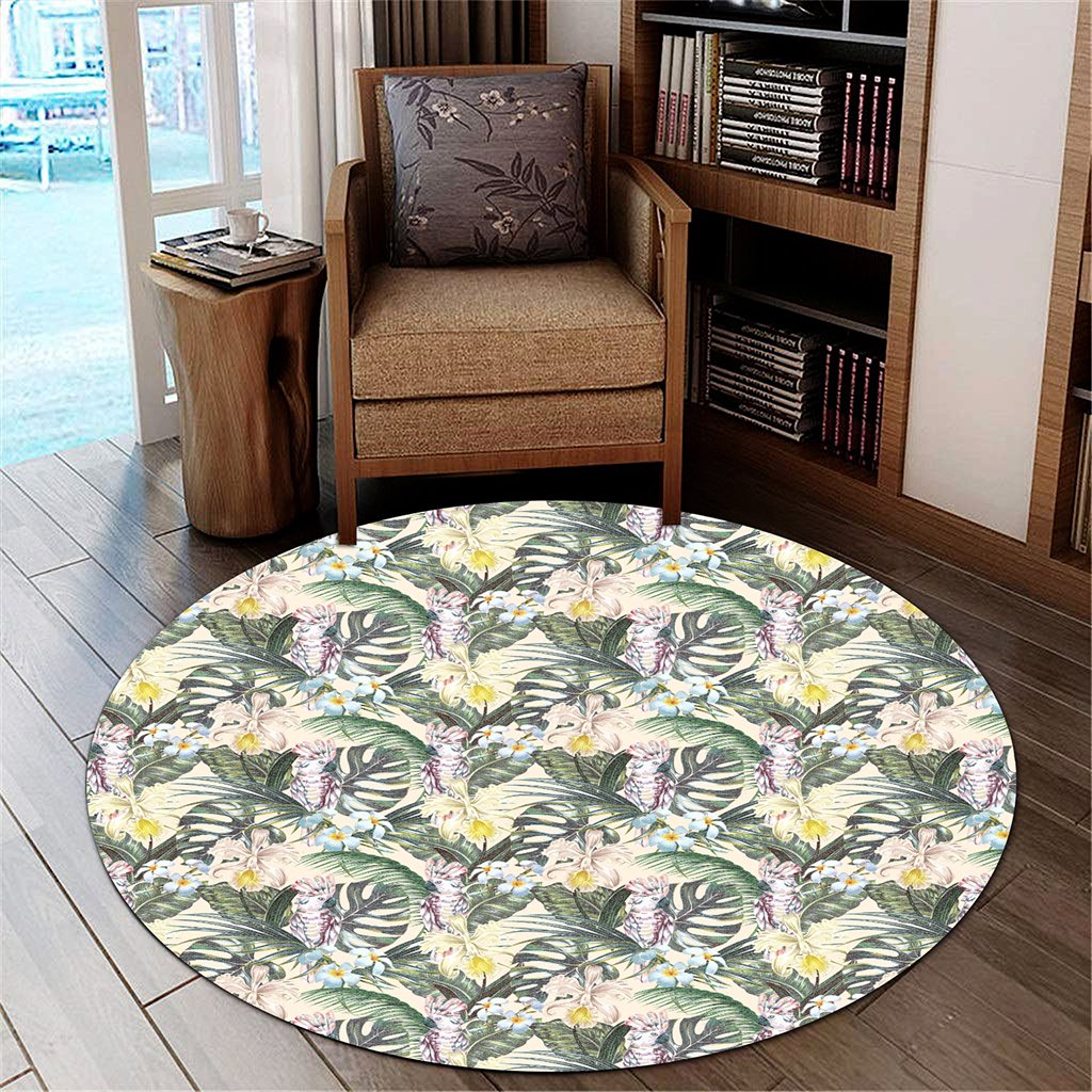 Tropical Jungle Parrots And Flamingos Round Carpet - AH Round Carpet Luxurious Plush - Polynesian Pride