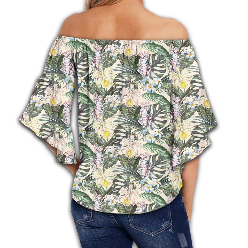 Tropical Jungle Parrots And Flamingos Women's Off Shoulder Wrap Waist Top - AH - Polynesian Pride