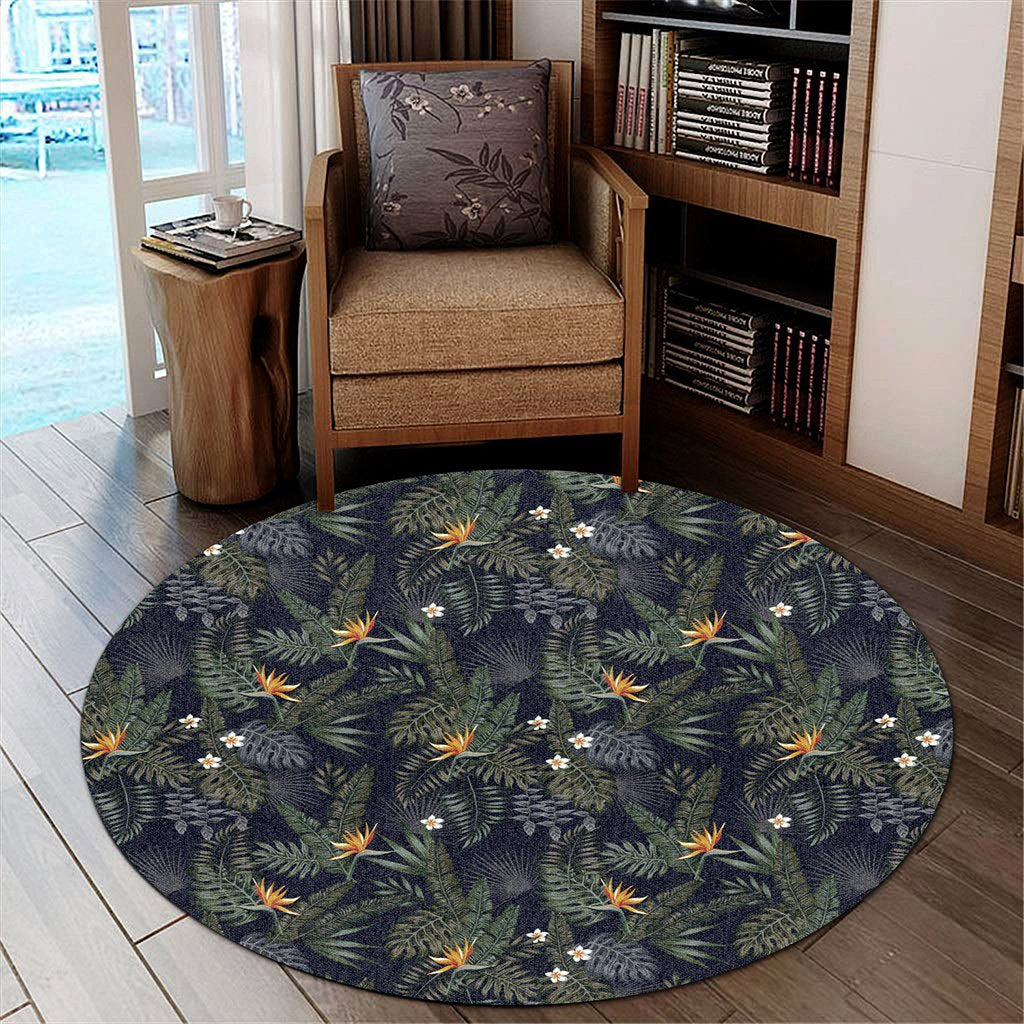 Tropical Leaves And Flowers In The Night Style Round Carpet - AH Round Carpet Luxurious Plush - Polynesian Pride