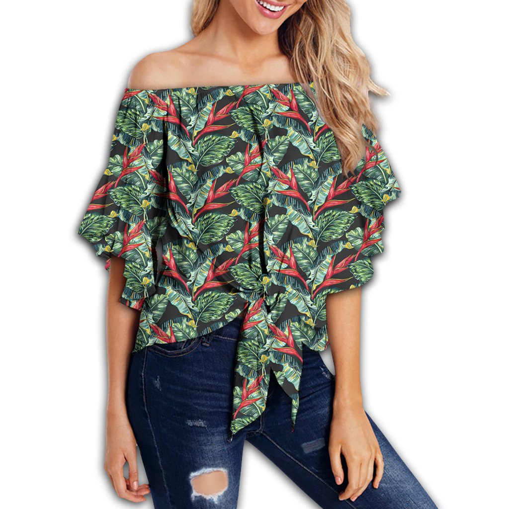 Tropical Monstera Leaf Green Mix Women's Off Shoulder Wrap Waist Top - AH - Polynesian Pride