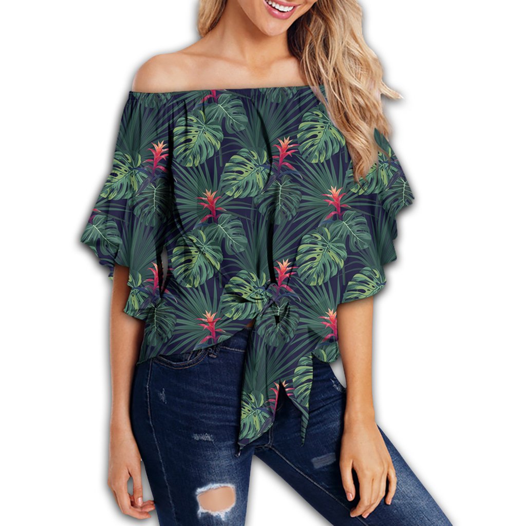 Tropical Monstera Leaf Green Women's Off Shoulder Wrap Waist Top - AH - Polynesian Pride