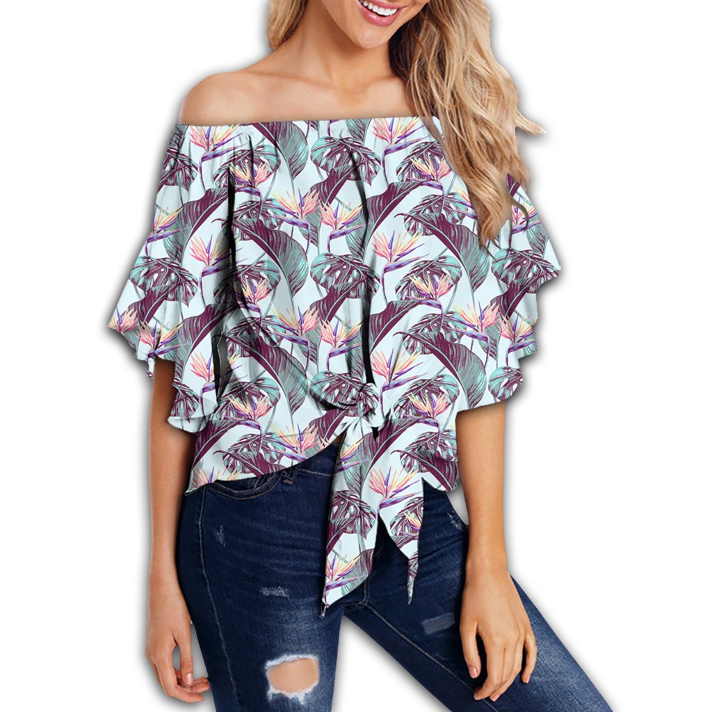 Tropical Monstera Leaf Women's Off Shoulder Wrap Waist Top - AH - Polynesian Pride