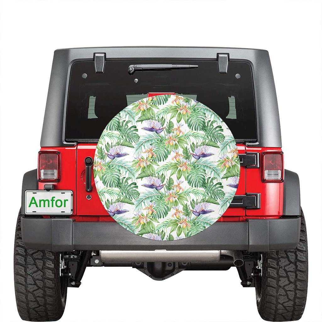 Tropical Orange Orchids Strelitzia Monstera Hawaii Spare Tire Cover - Polynesian Pride