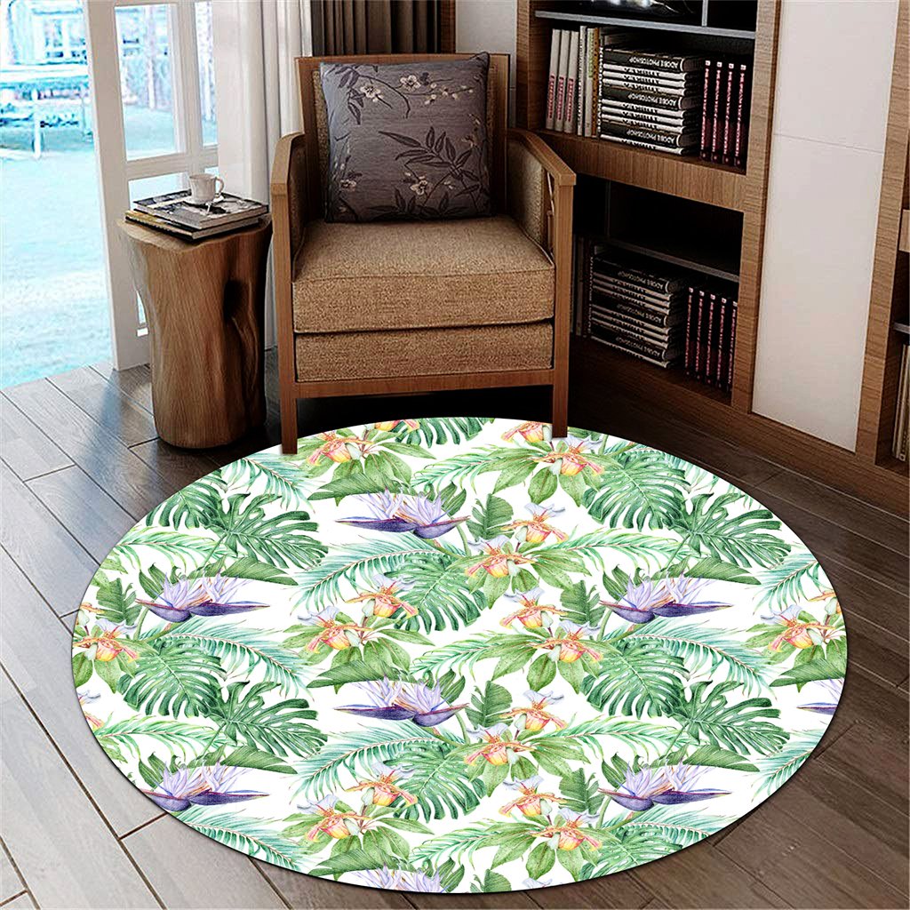 Tropical Orange Orchids Strelitzia Monstera Round Carpet - AH Round Carpet Luxurious Plush - Polynesian Pride