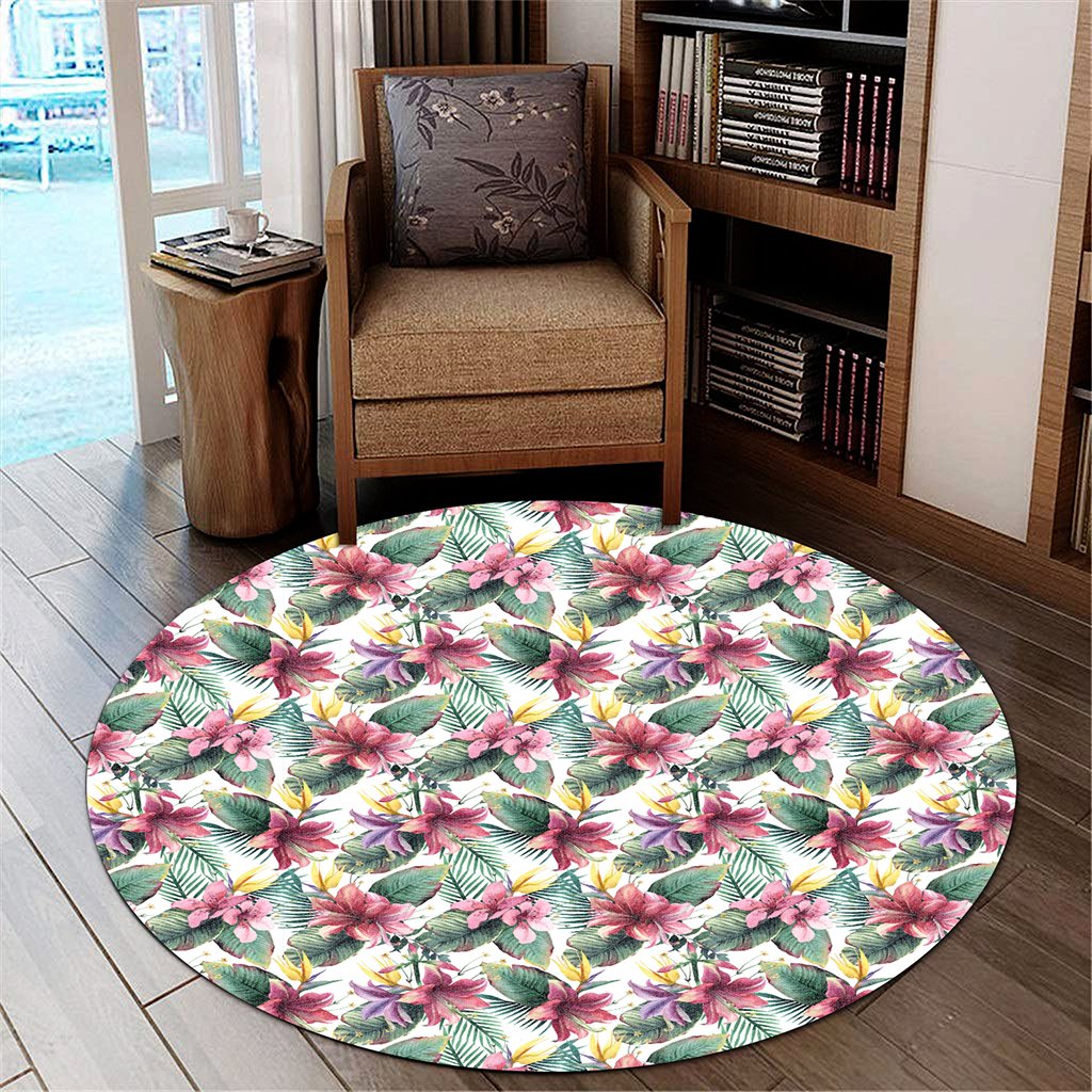 Tropical Palm Leaf White Round Carpet - AH Round Carpet Luxurious Plush - Polynesian Pride