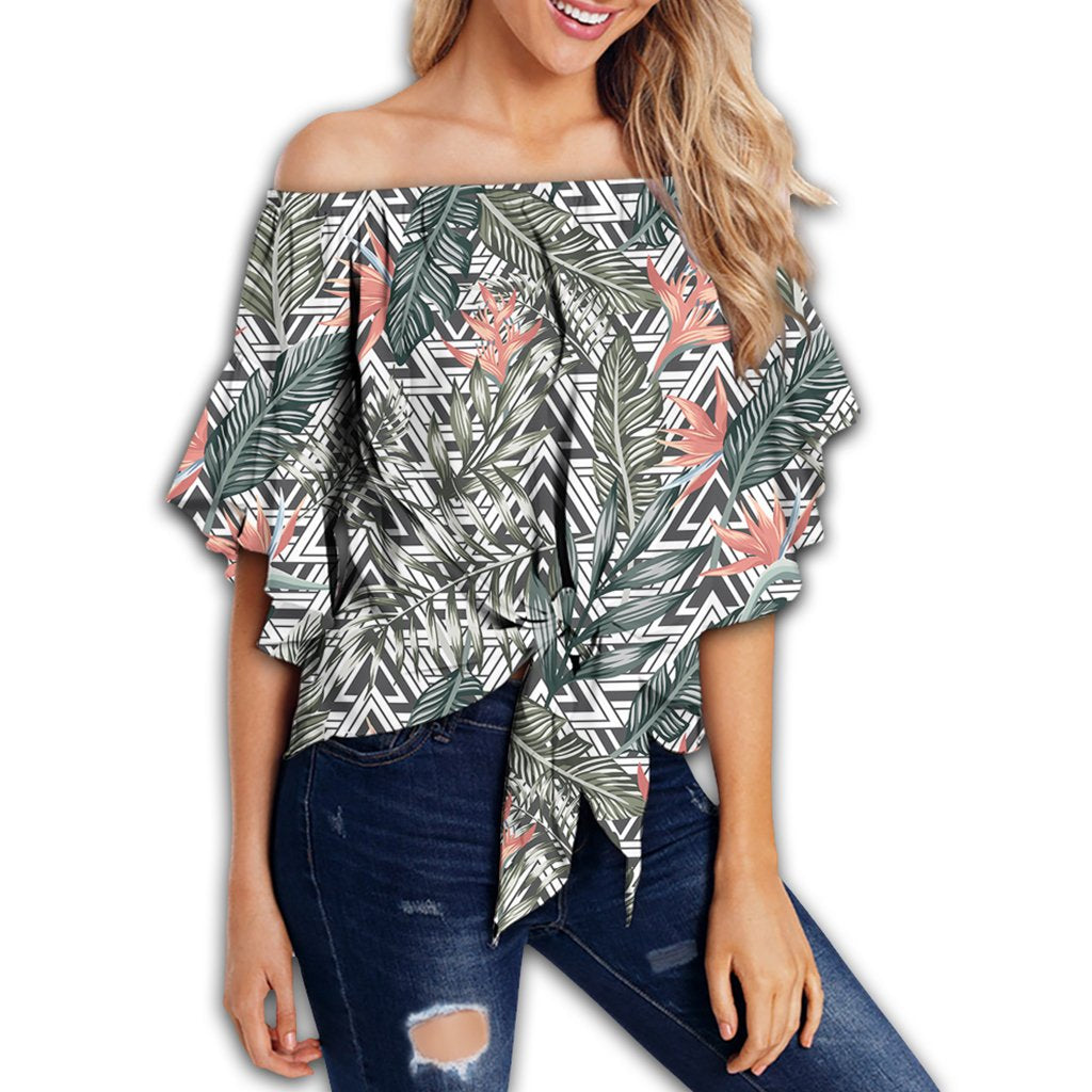 Tropical Palm Leaves And Flowers Women's Off Shoulder Wrap Waist Top - AH - Polynesian Pride