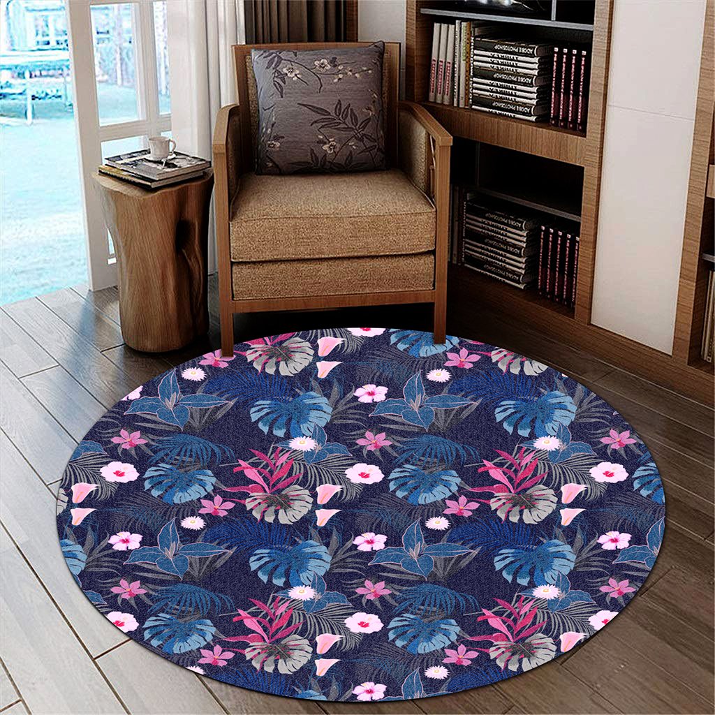 Tropical Palm Tree And Flower Round Carpet - AH Round Carpet Luxurious Plush - Polynesian Pride