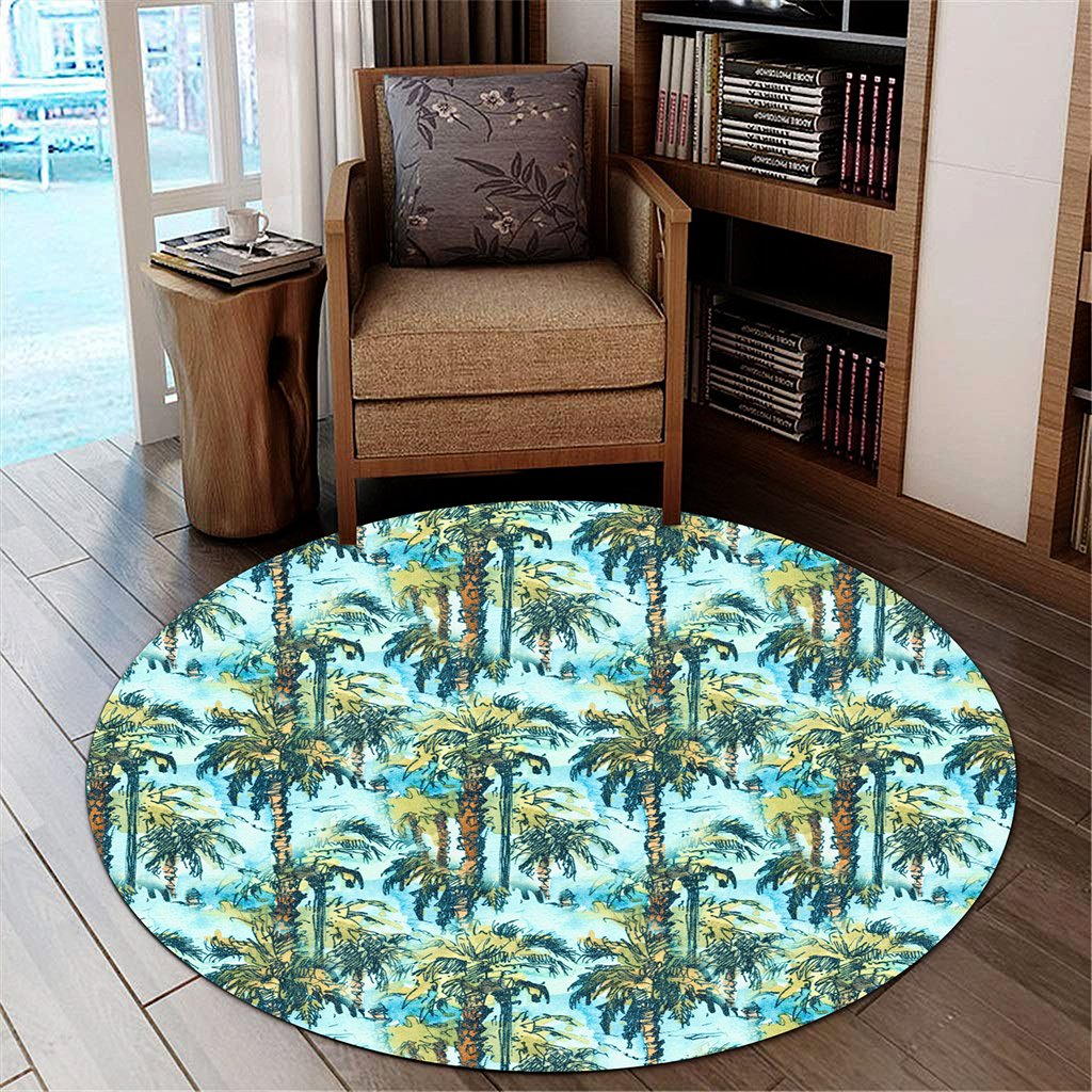 Tropical Palm Trees Blue Round Carpet - AH Round Carpet Luxurious Plush - Polynesian Pride