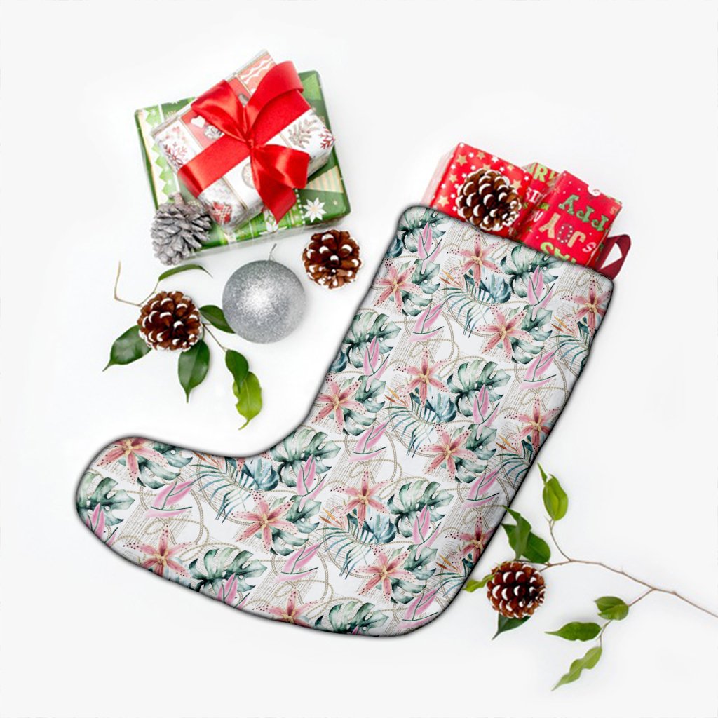 Tropical Pattern With Orchids Leaves And Gold Chains Christmas Stocking - Polynesian Pride
